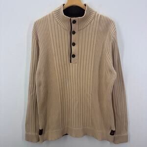 Eddie Bauer Men's XLT Henley Sweater Heavyweight Ribbed Sweater Mock Neck Beige